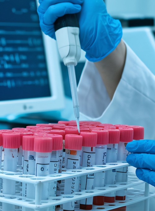 A close-up of a medical analysis laboratory, featuring a scientist’s gloved hands handling a test tube filled with a blue liquid. Advanced lab equipment surrounds the scene. By hobonski